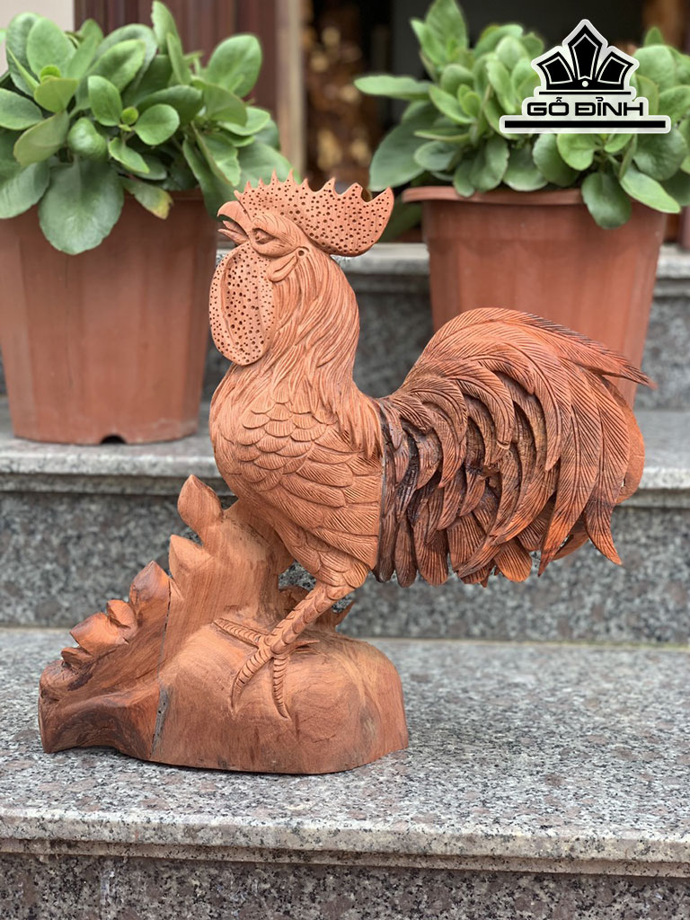 Tượng Gà Trống Gỗ Hương Cao 40 Ngang 40 Sâu 13 (cm)