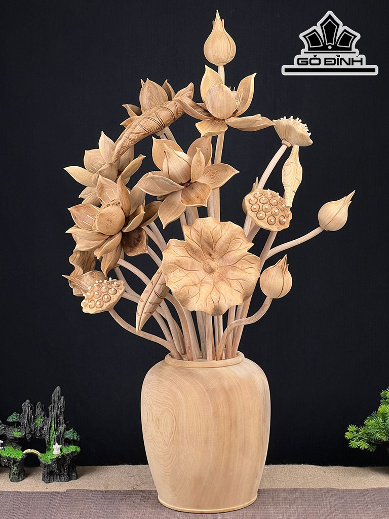 Bình Hoa Sen 21 Cành Gỗ Ngọc Am Cao 83 Ngang 52 Sâu 45 (cm)