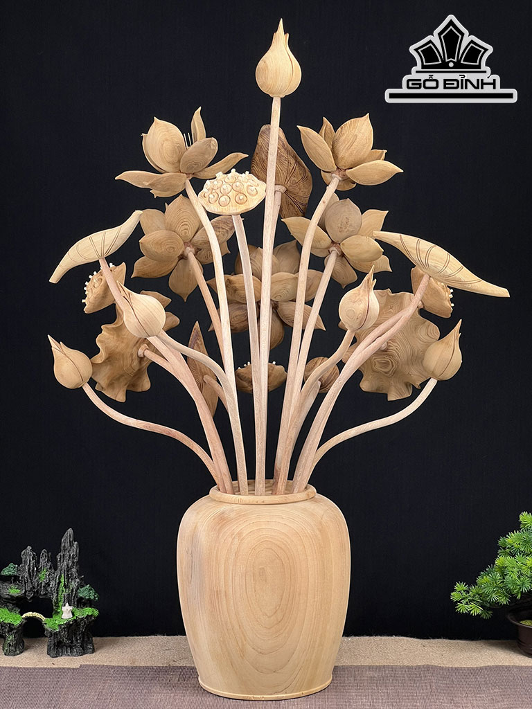 Bình Hoa Sen 21 Cành Gỗ Ngọc Am Cao 83 Ngang 52 Sâu 45 (cm)