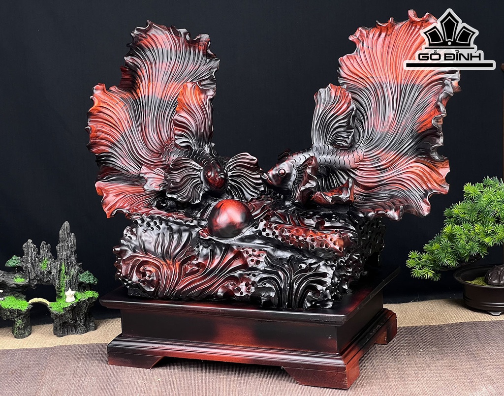 Tượng Cá Xiêm Đôi Gỗ Sưa Ngang 55 Cao 47 Sâu 26 (cm)