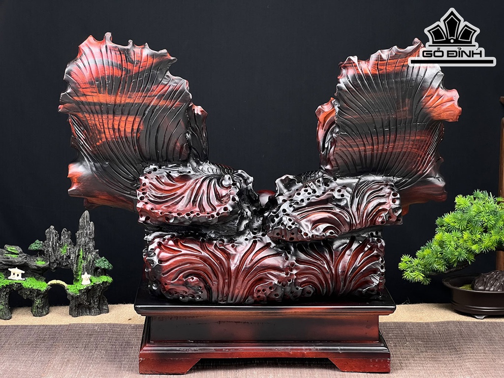 Tượng Cá Xiêm Đôi Gỗ Sưa Ngang 55 Cao 47 Sâu 26 (cm)