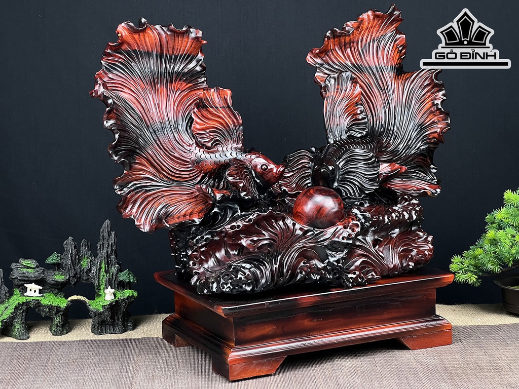 Tượng Cá Xiêm Đôi Gỗ Trắc Ngang 56 Cao 48 Sâu 27 (cm)