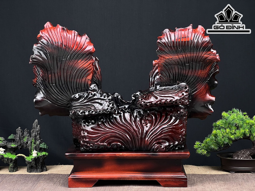 Tượng Cá Xiêm Đôi Gỗ Trắc Ngang 56 Cao 48 Sâu 27 (cm)