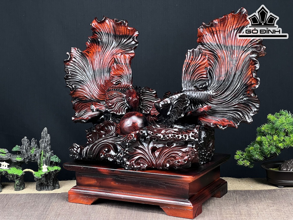 Tượng Cá Xiêm Đôi Gỗ Trắc Ngang 56 Cao 48 Sâu 27 (cm)