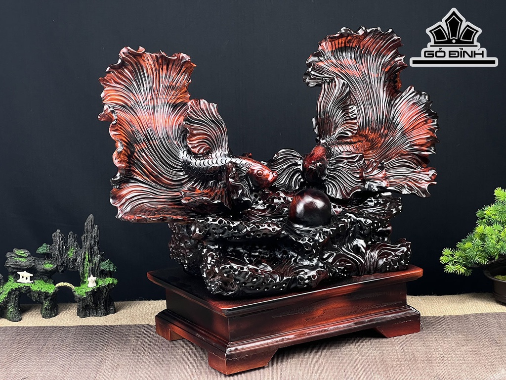 Tượng Cá Xiêm Đôi Gỗ Trắc Ngang 58 Cao 47 Sâu 27 (cm)