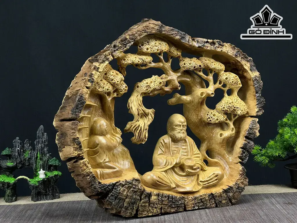 Tượng Đạt Ma Sư Tổ Gỗ Dổi Cao 39 Ngang 44 Sâu 10 (cm)