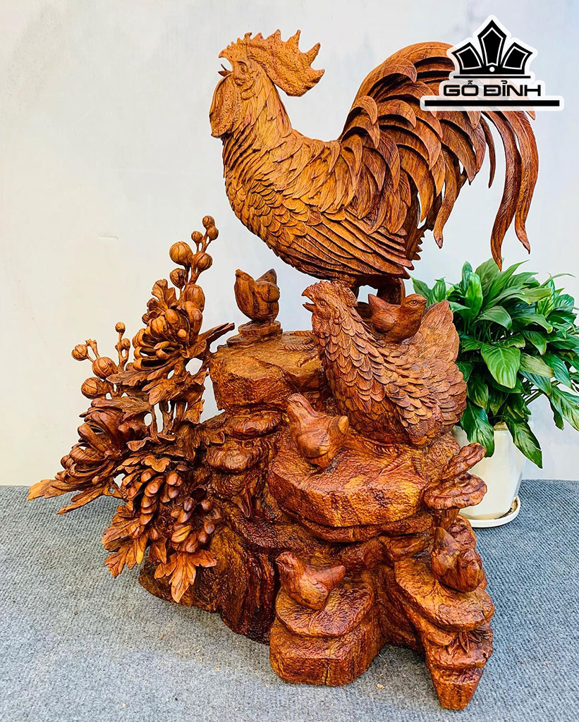 Tượng Gia Đình Gà Gỗ Sưa Cao 63 Ngang 52 Sâu 30 (cm)