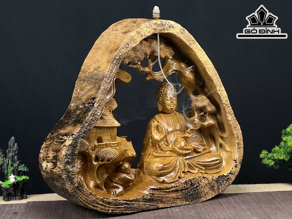 Tượng Nhất Tâm Bái Phật Gỗ Lũa Dổi Cao 47 Ngang 52 Sâu 15 (cm)