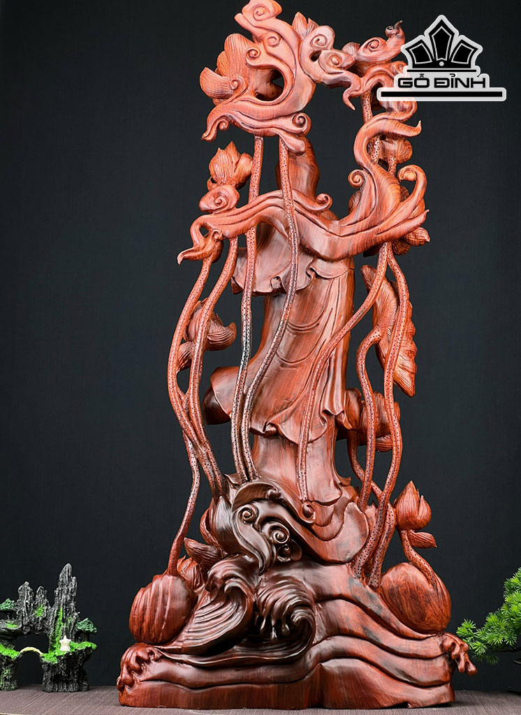 Tượng Phật Bà Quan Âm Gỗ Ngọc Am Cao 94 Ngang 45 Sâu 23 (cm)