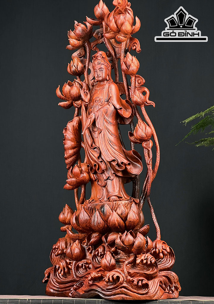 Tượng Phật Bà Quan Âm Gỗ Ngọc Am Cao 94 Ngang 45 Sâu 23 (cm)