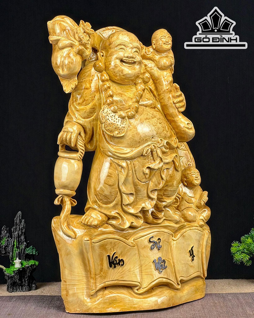 Tượng Phật Di Lặc Nhị Phúc Gỗ Nu Kháo Cao 57 Ngang 35 Sâu 15 (cm)