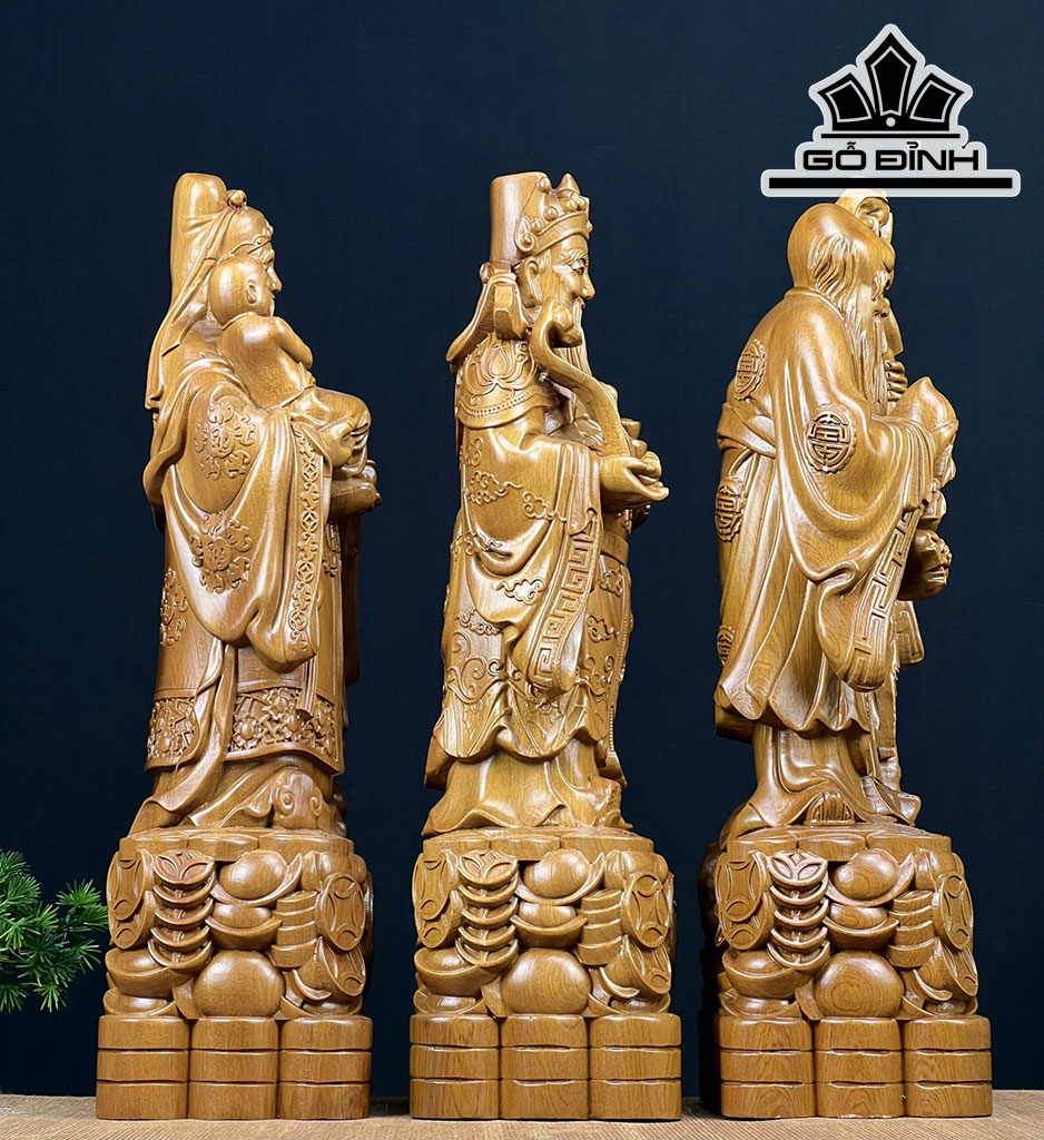 Tượng Phúc Lộc Thọ (Tam Đa) Gỗ Bách Xanh Cao 40 Ngang 12 Sâu 10 (cm)