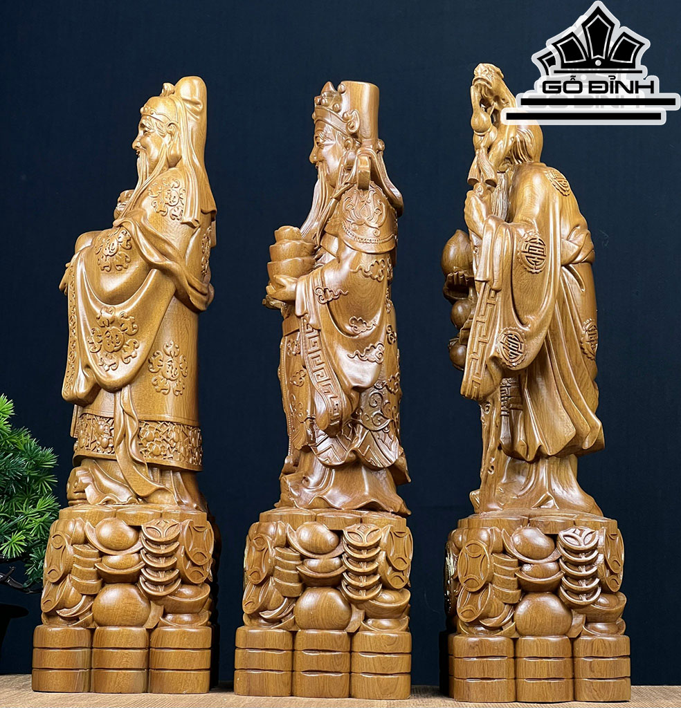 Tượng Phúc Lộc Thọ (Tam Đa) Gỗ Bách Xanh Cao 40 Ngang 12 Sâu 10 (cm)