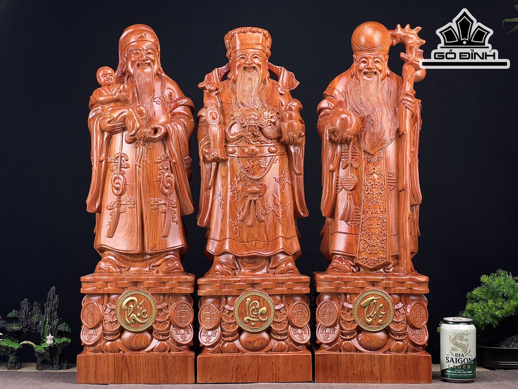 Tượng Phúc Lộc Thọ (Tam Đa) Gỗ Hương Cao 69 Ngang 21 Sâu 14 (cm)