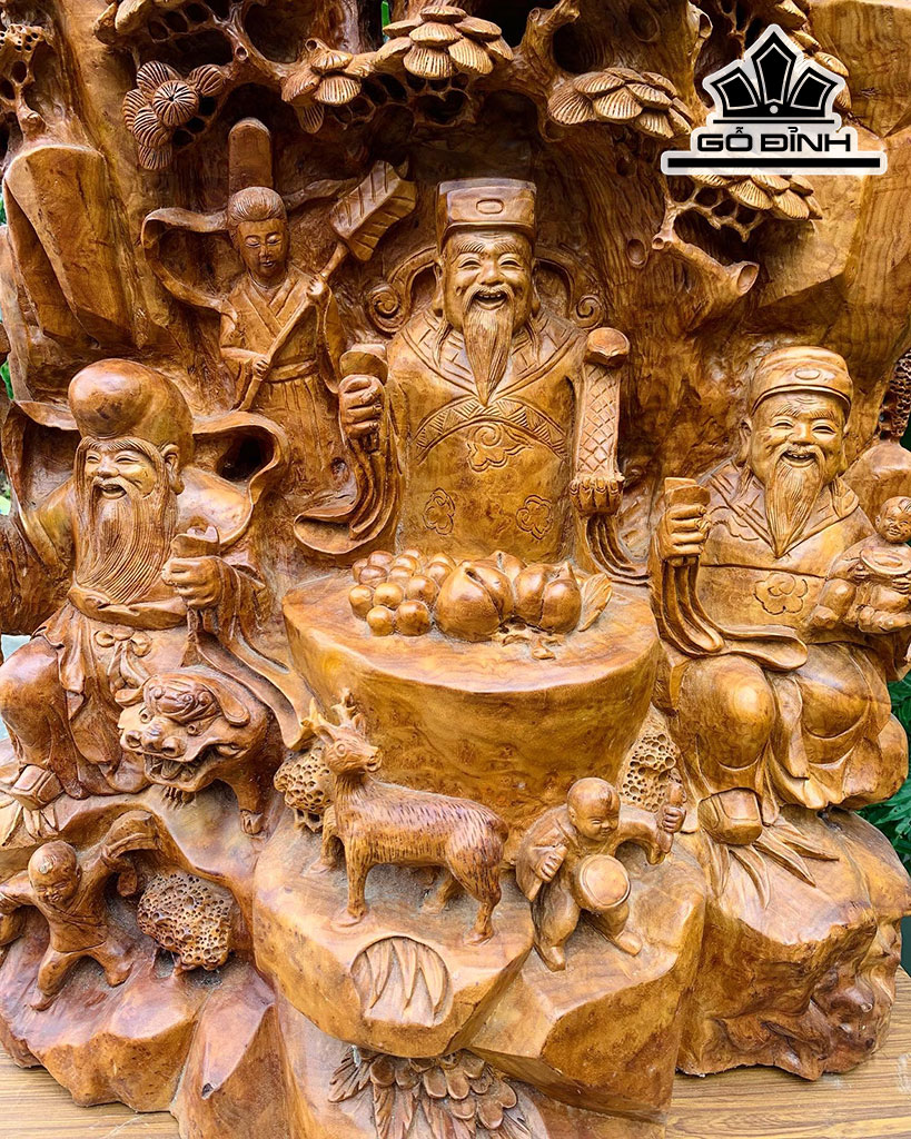 Tượng Phúc Lộc Thọ (Tam Đa) Gỗ Xá Xị Cao 90 Ngang 68 Sâu 4 (cm)