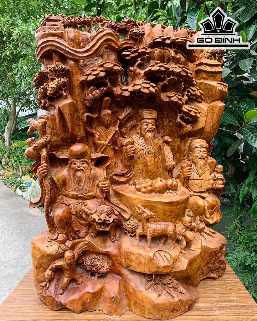 Tượng Phúc Lộc Thọ (Tam Đa) Gỗ Xá Xị Cao 90 Ngang 68 Sâu 4 (cm)