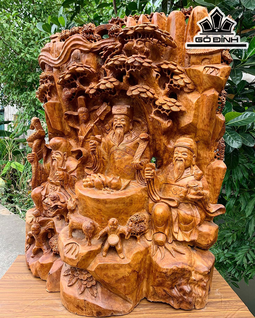 Tượng Phúc Lộc Thọ (Tam Đa) Gỗ Xá Xị Cao 90 Ngang 68 Sâu 4 (cm)
