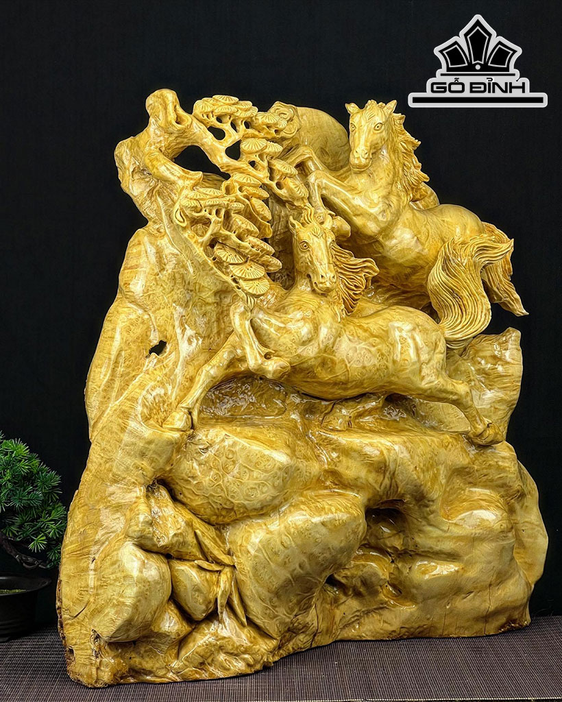 Tượng Song Mã Uyên Ương Gỗ Nu Kháo Cao 52 Ngang 48 Sâu 16 (cm)