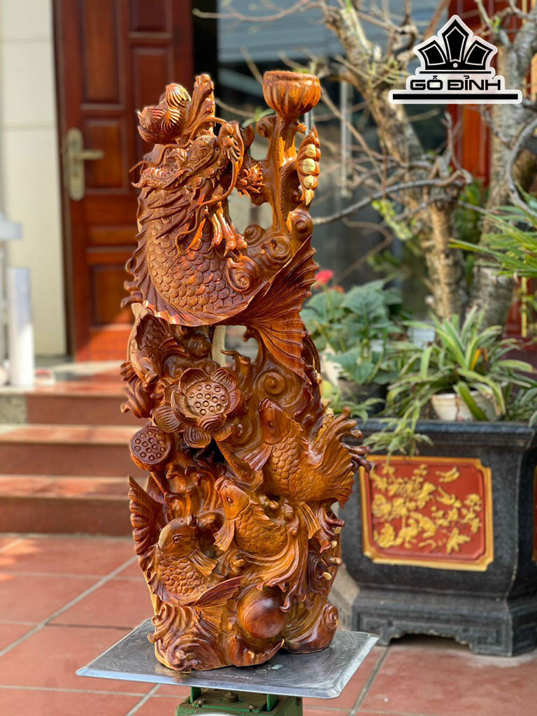 Tượng Cá Chép Hóa Rồng Gỗ Hương Cao 96 Ngang 45 Sâu 33 (cm)