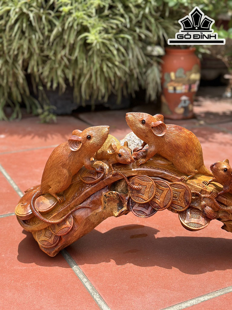 Tượng Chuột Phong Thủy Gỗ Hương Cao 32 Ngang 77 Sâu 25 (cm)