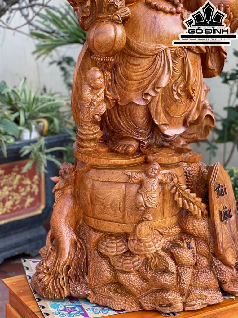 Tượng Di Lặc Ngũ Phúc Vác Gậy Như Ý Gỗ Hương Cao 112 Ngang 70 Sâu 48 (cm)