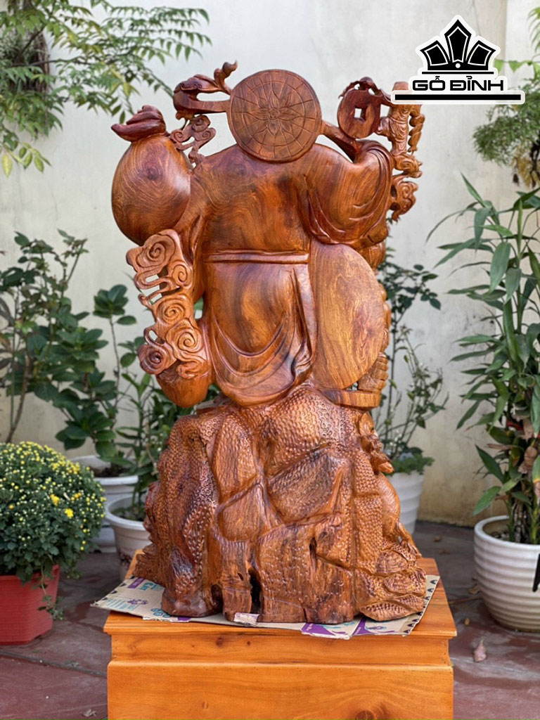 Tượng Di Lặc Ngũ Phúc Vác Gậy Như Ý Gỗ Hương Cao 112 Ngang 70 Sâu 48 (cm)
