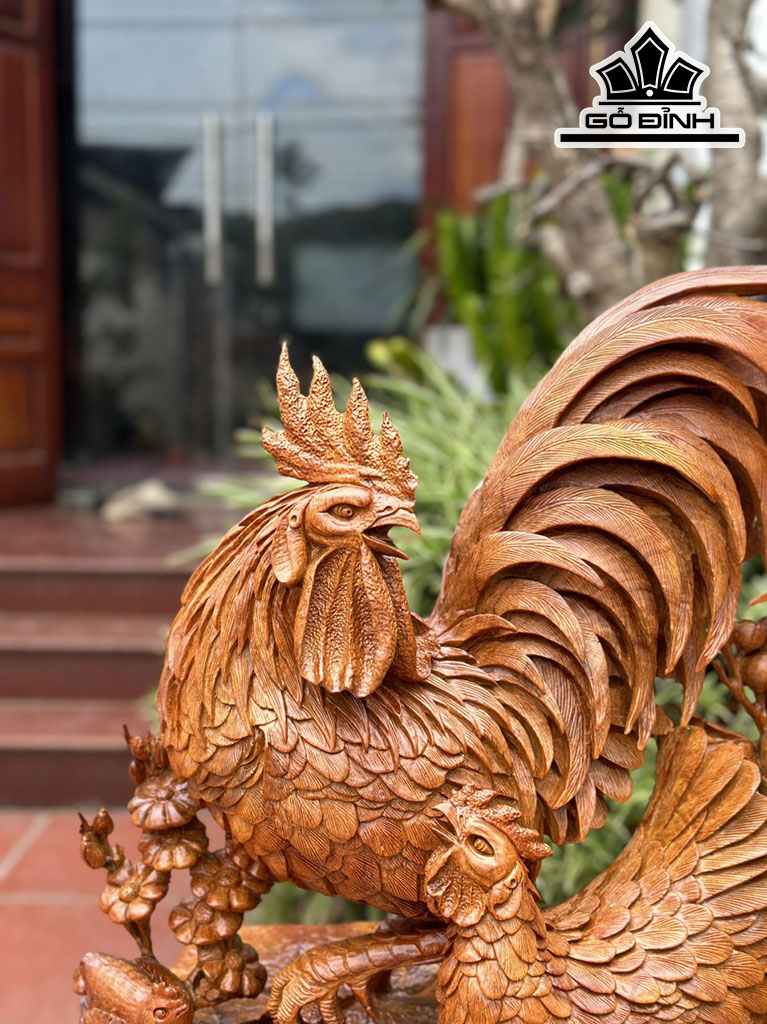 Tượng Gia Đình Gà Gỗ Hương Cao 66 Ngang 62 Sâu 35 (cm)