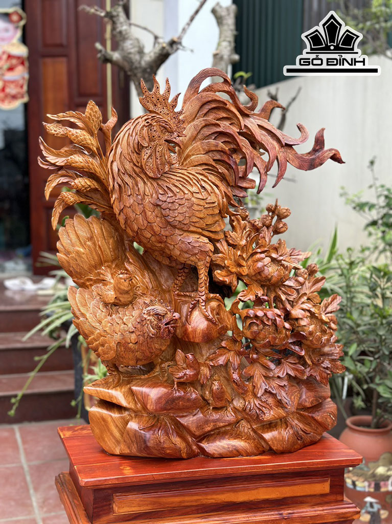 Tượng Gia Đình Gà Gỗ Hương Cao 75 Ngang 62 Sâu 27 (cm)