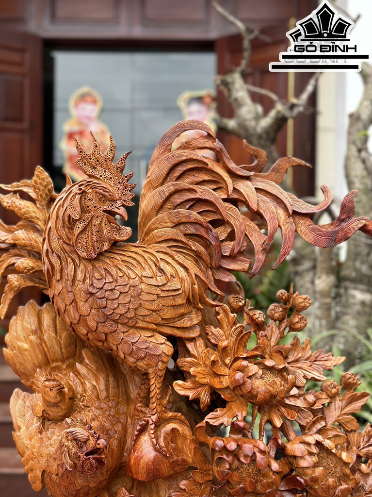 Tượng Gia Đình Gà Gỗ Hương Cao 75 Ngang 62 Sâu 27 (cm)