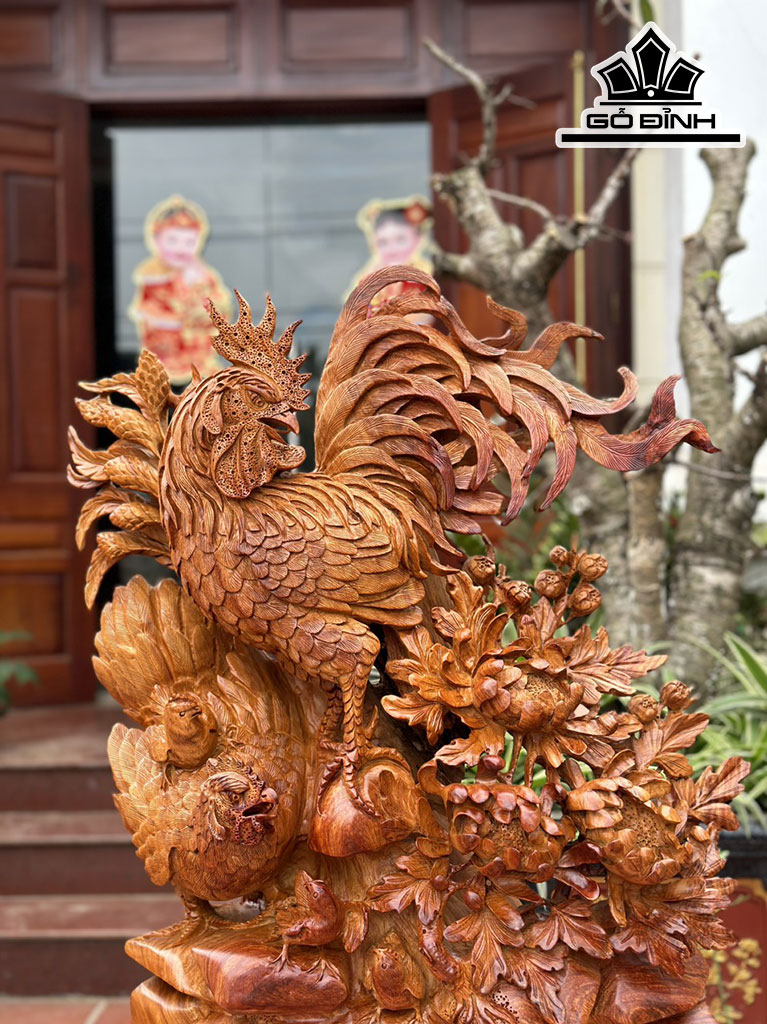 Tượng Gia Đình Gà Gỗ Hương Cao 75 Ngang 62 Sâu 27 (cm)