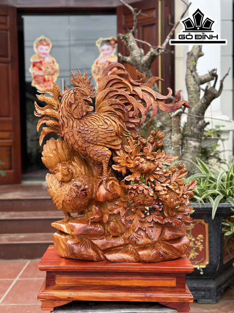 Tượng Gia Đình Gà Gỗ Hương Cao 75 Ngang 62 Sâu 27 (cm)
