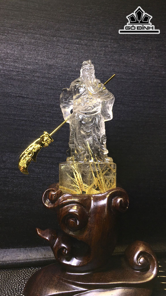 Tượng Quan Công Đá Thạch Anh Tóc Vàng Cao 86,2 Ngang 36 Sâu 23,6 (mm) 88,8gr