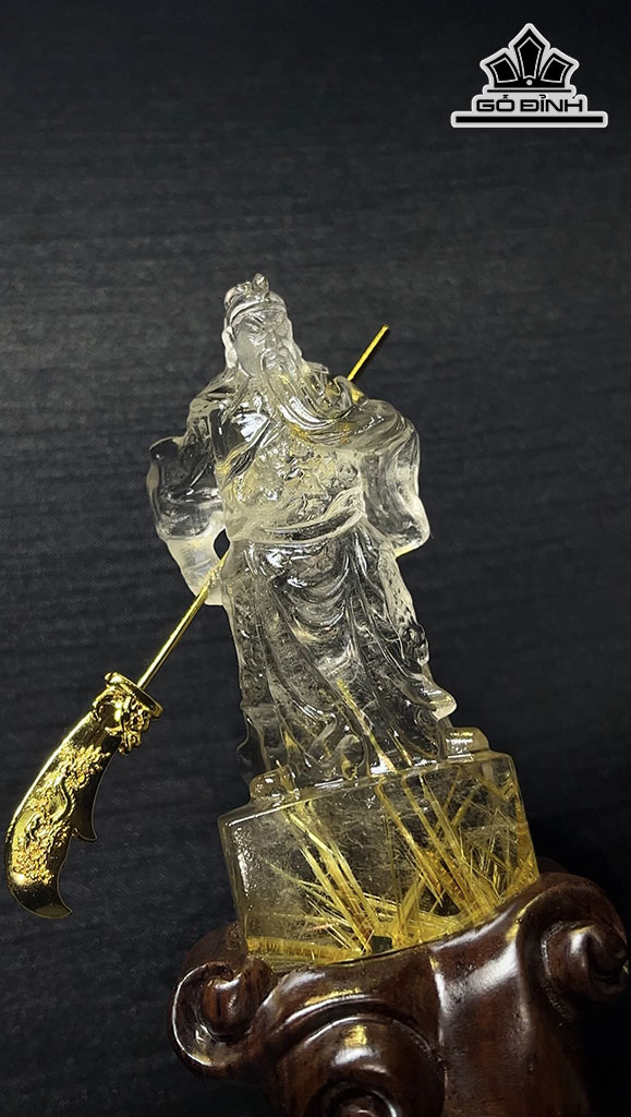 Tượng Quan Công Đá Thạch Anh Tóc Vàng Cao 86,2 Ngang 36 Sâu 23,6 (mm) 88,8gr