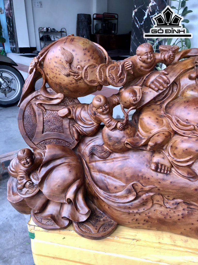 Tượng Phật Di Lặc Ngũ Phúc Gỗ Nu Ngọc Am Cao 36 Ngang 70 Sâu 20 (cm)