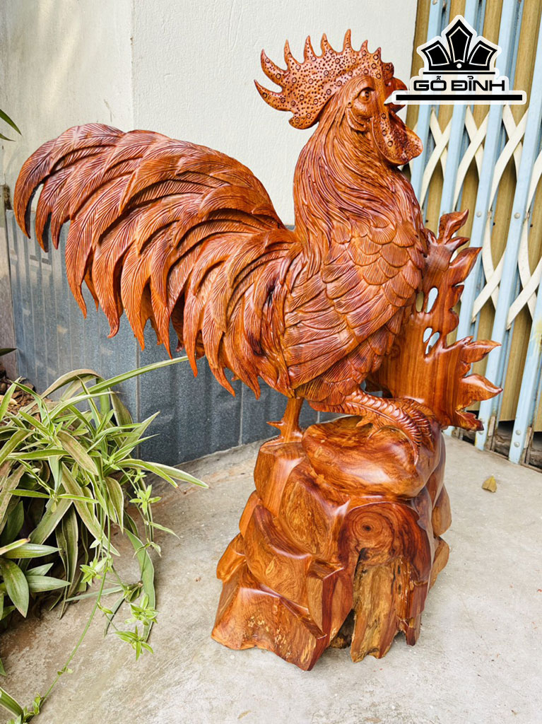 Tượng Gà Trống Gỗ Hương Cao 63 Ngang 42 Sâu 25 (cm)