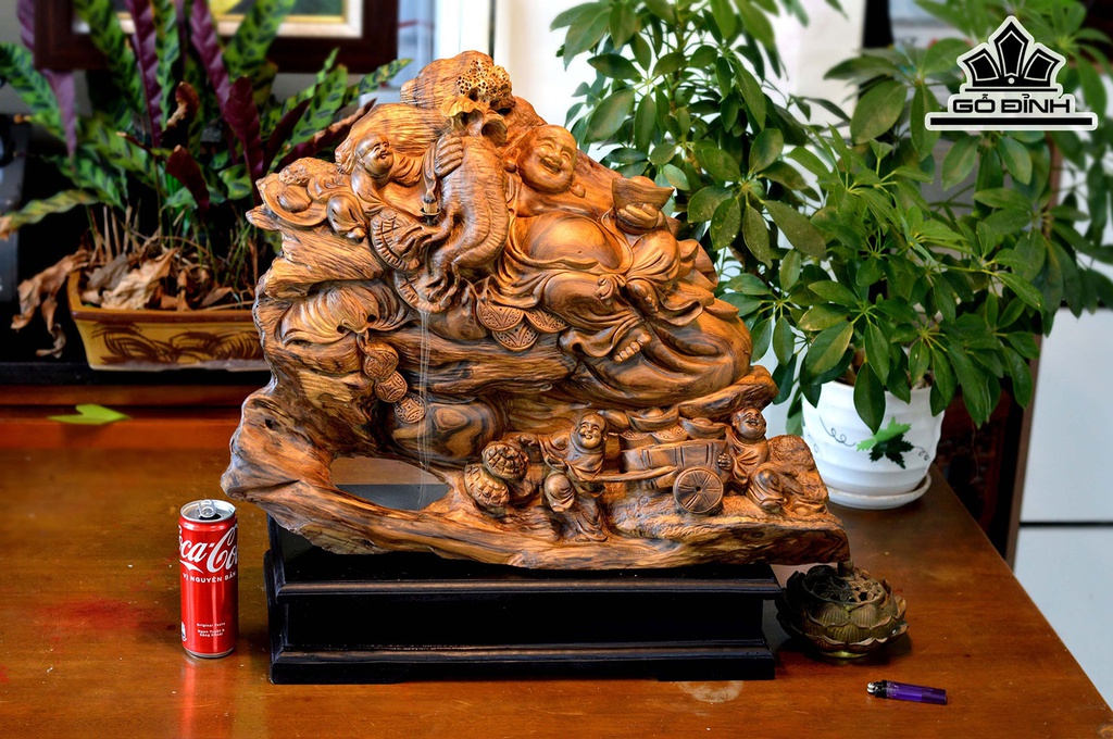 Tượng Phật Di Lặc Tam Phúc Gỗ Bách Xanh Cao 55 Ngang 55 Sâu 20 (cm)