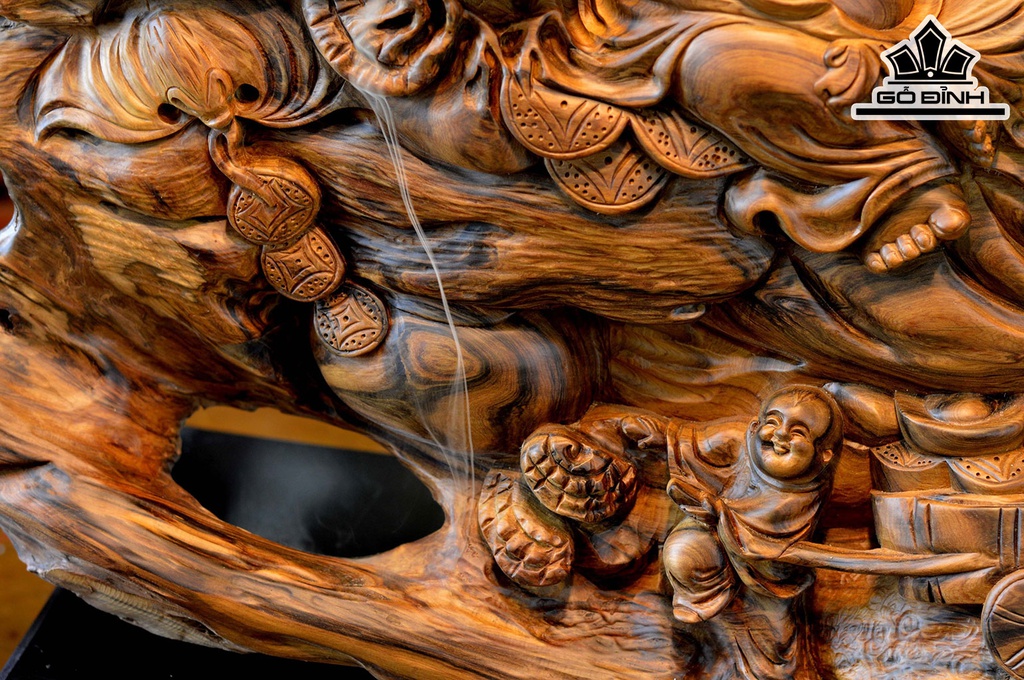 Tượng Phật Di Lặc Tam Phúc Gỗ Bách Xanh Cao 55 Ngang 55 Sâu 20 (cm)