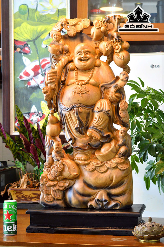 Tượng Phật Di Lặc Tam Phúc Gỗ Bách Xanh Cao 95 Ngang 38 Sâu 16 (cm)