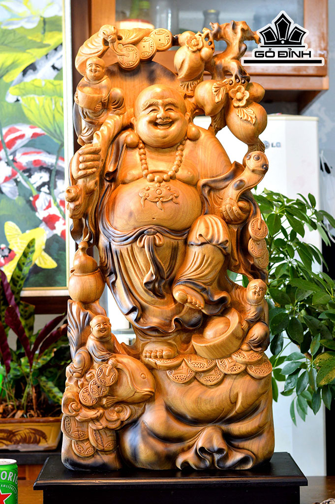 Tượng Phật Di Lặc Tam Phúc Gỗ Bách Xanh Cao 95 Ngang 38 Sâu 16 (cm)