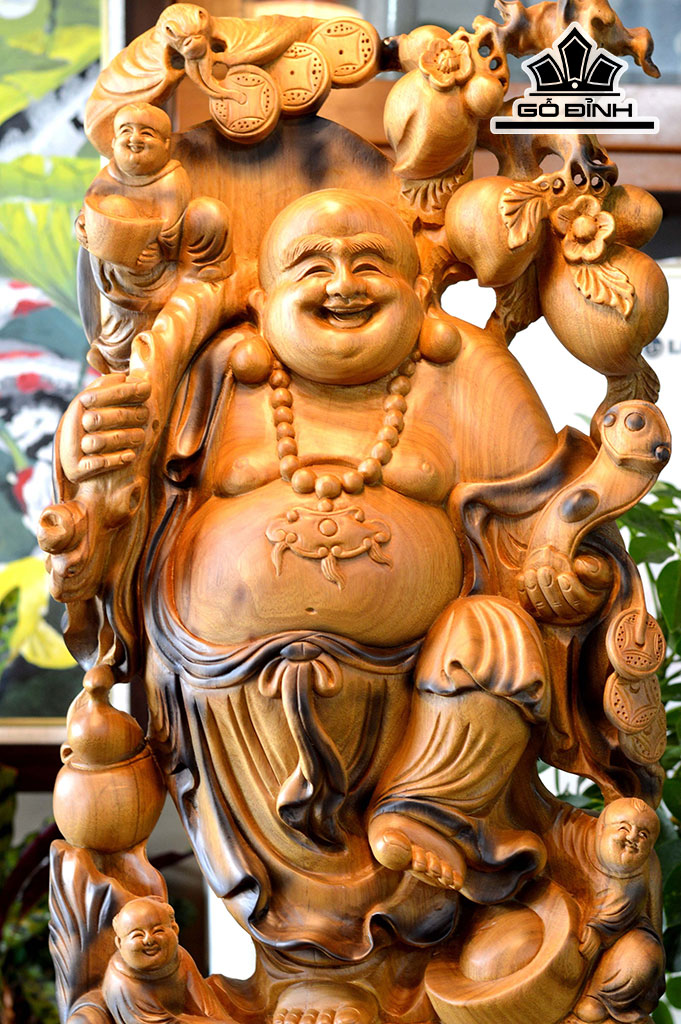 Tượng Phật Di Lặc Tam Phúc Gỗ Bách Xanh Cao 95 Ngang 38 Sâu 16 (cm)