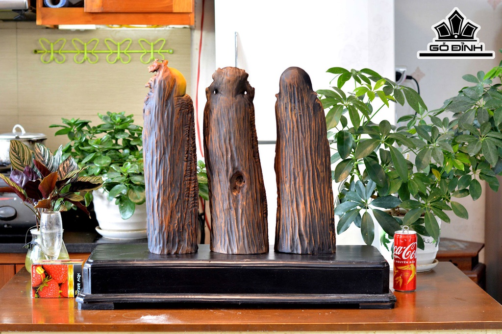 Tượng Phúc Lộc Thọ (Tam Đa) Gỗ Lũa Bách Xanh Cao 56 Ngang 12 Sâu 11 (cm)