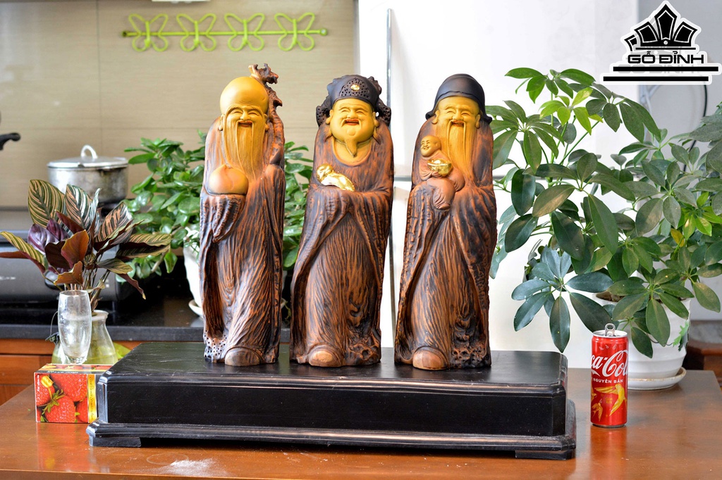 Tượng Phúc Lộc Thọ (Tam Đa) Gỗ Lũa Bách Xanh Cao 56 Ngang 12 Sâu 11 (cm)