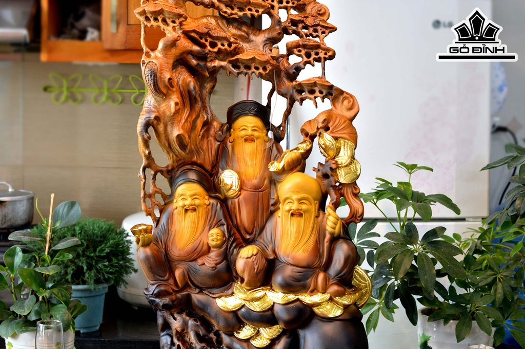 Tượng Phúc Lộc Thọ (Tam Đa) Gỗ Lũa Bách Xanh Cao 90 Ngang 42 Sâu 23 (cm)