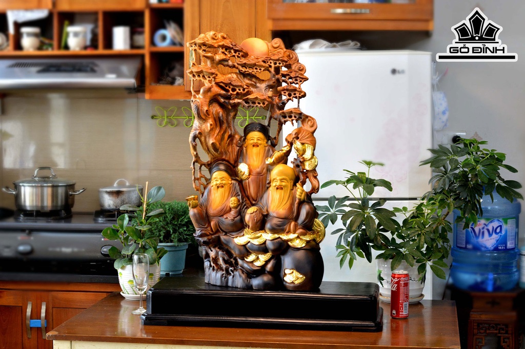 Tượng Phúc Lộc Thọ (Tam Đa) Gỗ Lũa Bách Xanh Cao 90 Ngang 42 Sâu 23 (cm)