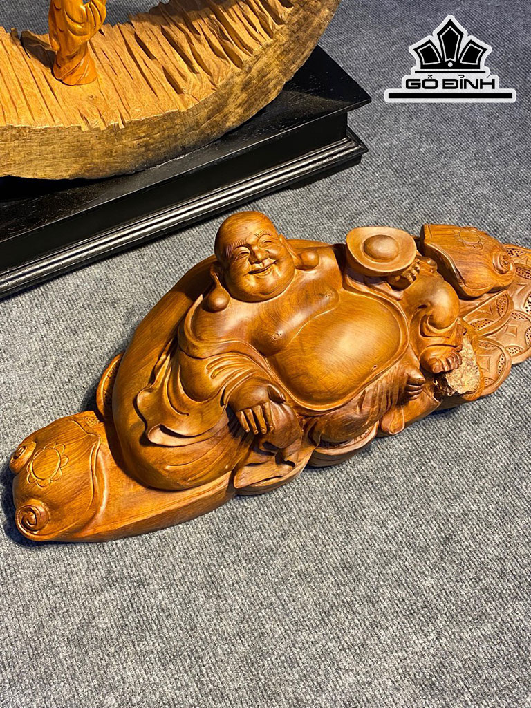 Tượng Phật Di Lặc Ngồi Bao Tiền Gỗ Hương Ngang 62 Cao 25 Sâu 25 (cm)