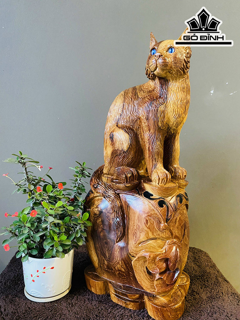 Tượng Mèo Gỗ Hương Cao 56 Ngang 22 Sâu 16 (cm)