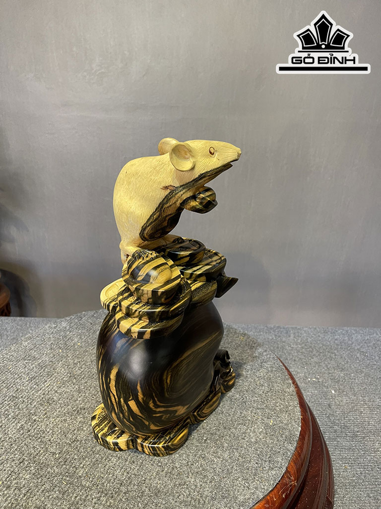 Tượng Chuột Phong Thủy Gỗ Mun Hoa Cao 32 Ngang 19 Sâu 11 (cm)