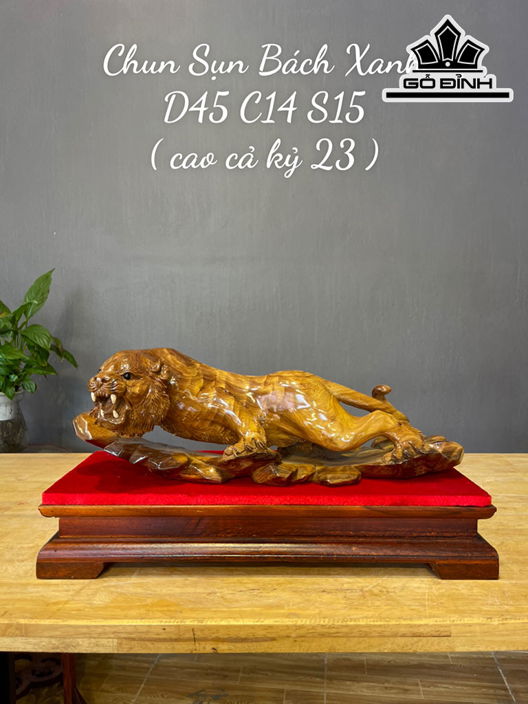 Tượng Hổ Phong Thủy Gỗ Bách Xanh Ngang 45 Cao 14 Sâu 15 (cm)