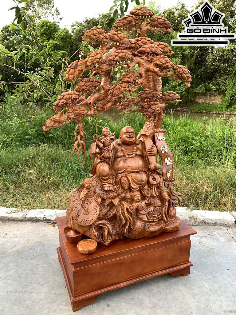 Tượng Phật Di Lặc Tam Phúc Gỗ Hương Cao 109 Ngang 72 Sâu 38 (cm)