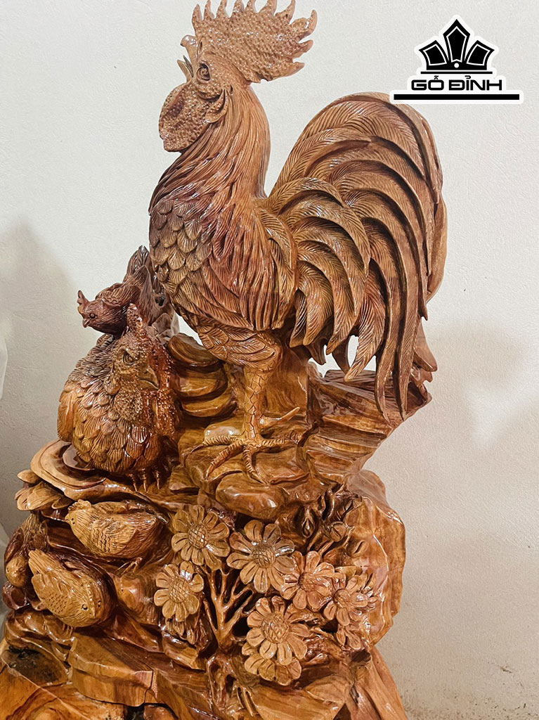 Tượng Gia Đình Gà Gỗ Xá Xị Cao 83 Ngang 55 Sâu 30 (cm)